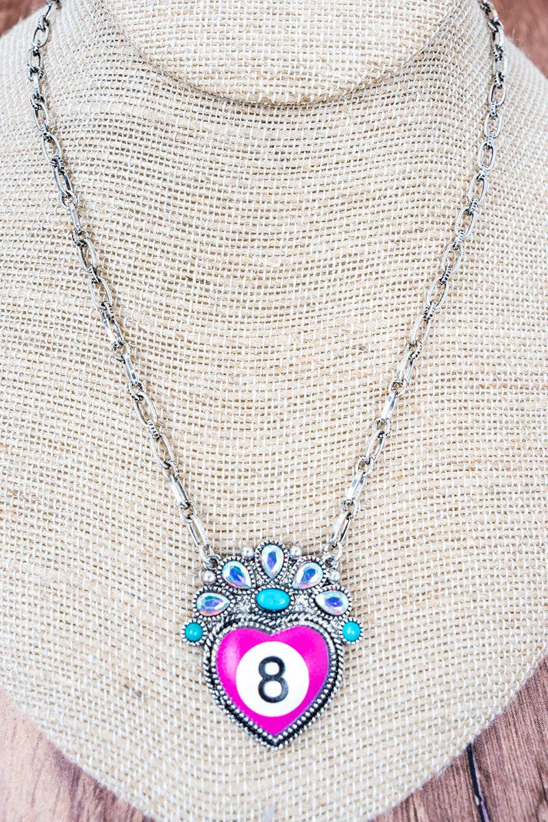 Rogue Shot Pink 8 Ball Heart Silvertone Necklace