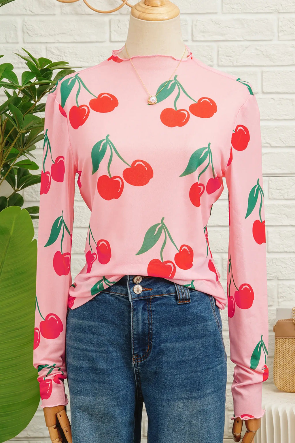 Cherry Print Lettuce Trim Long Sleeve Mesh Top
