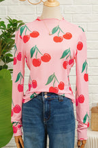 Cherry Print Lettuce Trim Long Sleeve Mesh Top
