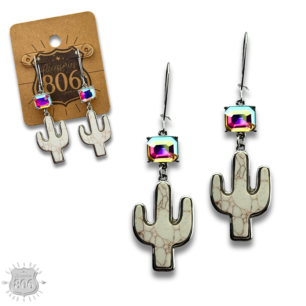 Western stone cactus earring with iridescent rhinestone
