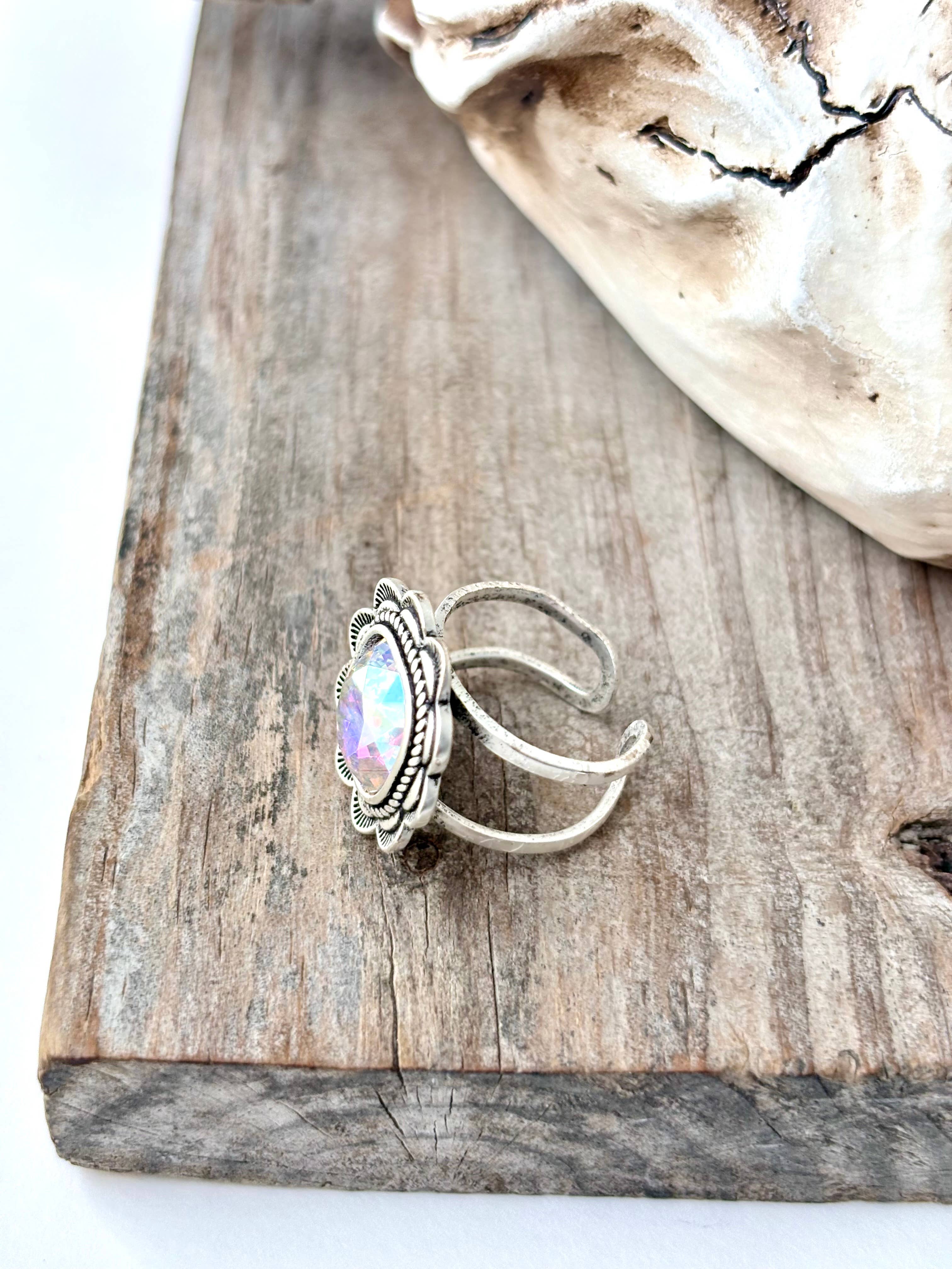 Western Style Rhinestone Flower Cuff Ring