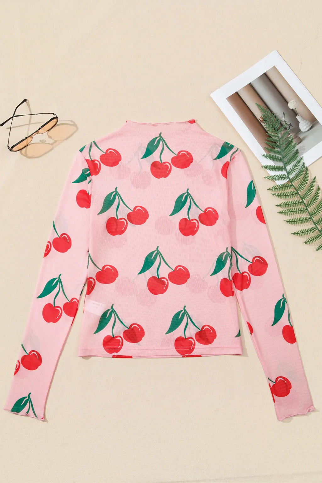 Cherry Print Lettuce Trim Long Sleeve Mesh Top
