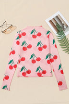 Cherry Print Lettuce Trim Long Sleeve Mesh Top