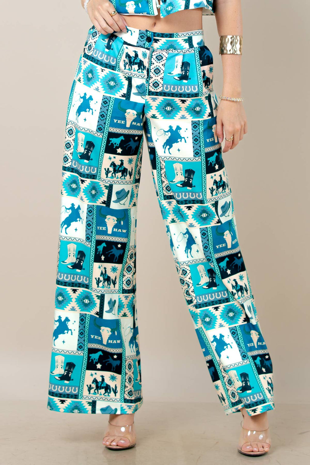 Blue-Viviana Western Patch Collage Print Slack