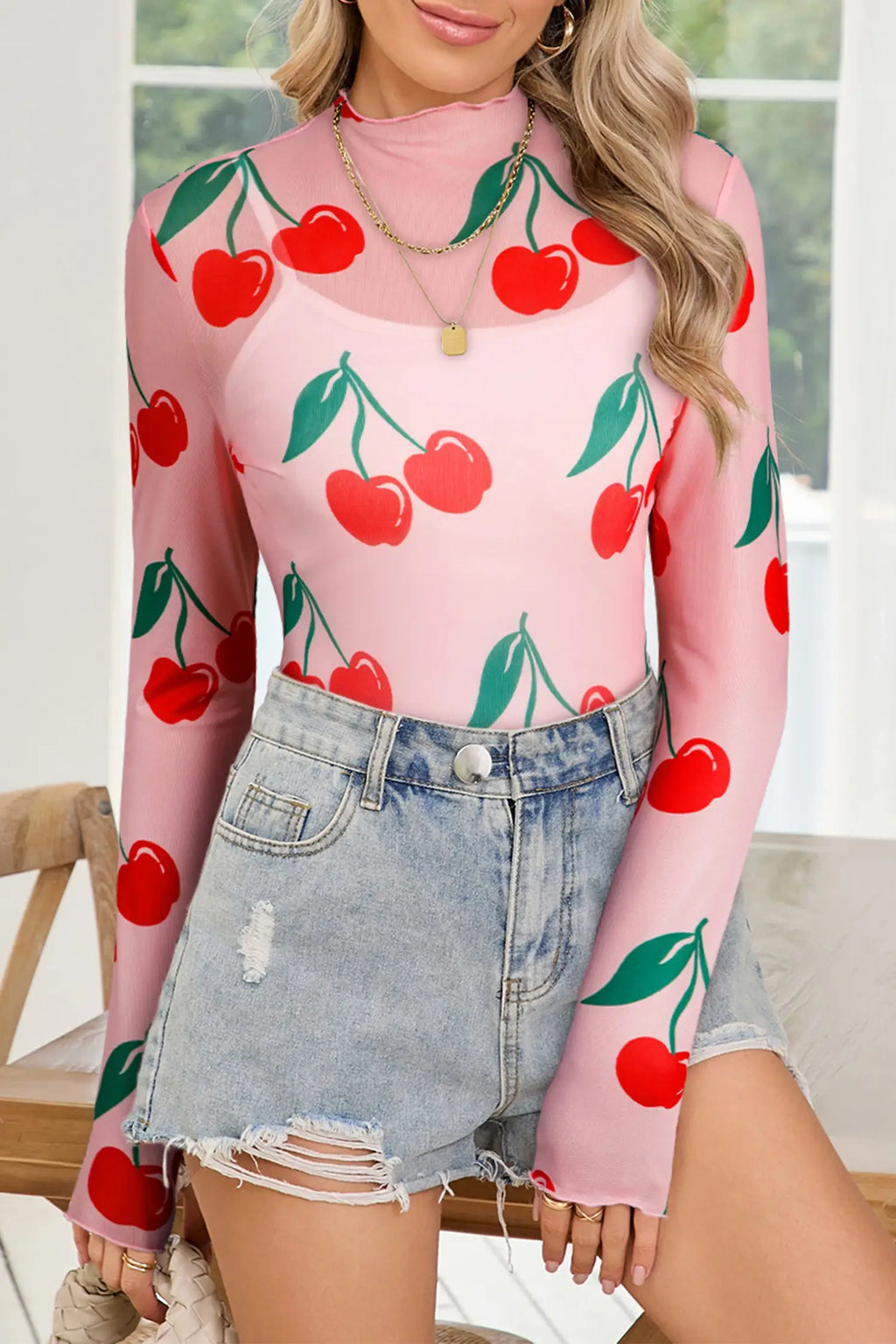 Cherry Print Lettuce Trim Long Sleeve Mesh Top