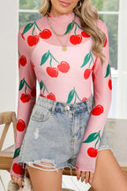 Cherry Print Lettuce Trim Long Sleeve Mesh Top