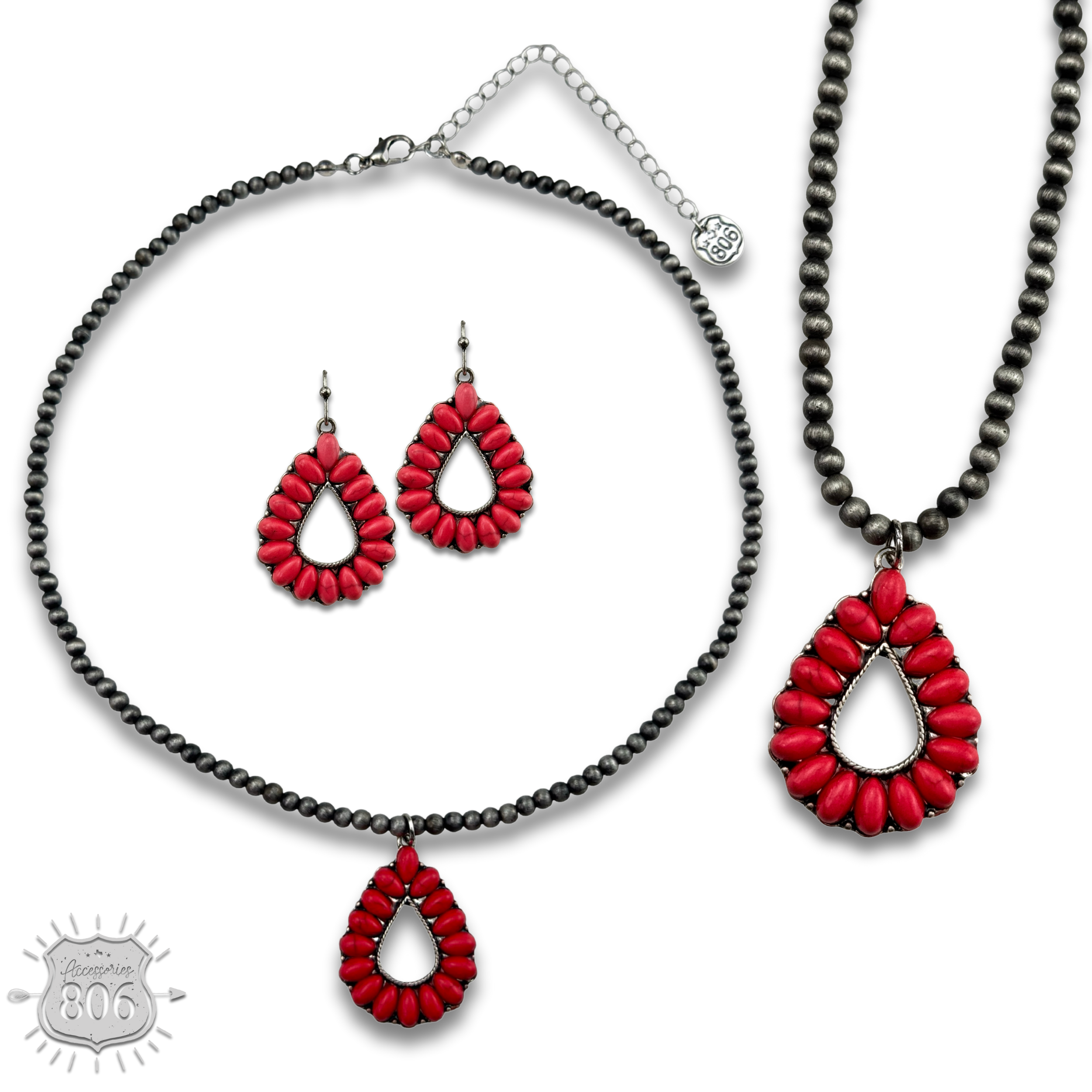 Open stone teardrop necklace set