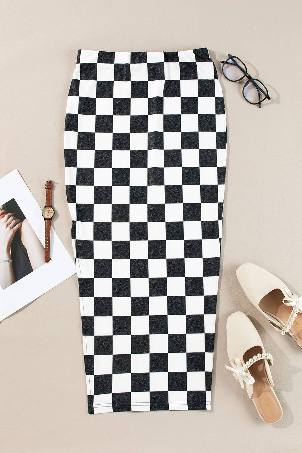 Checkered Print Side Slit High Waist Midi Skirt