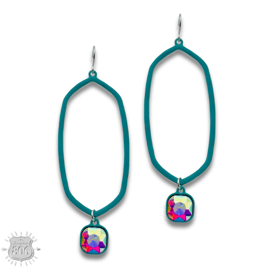 Open hexagon earring with rhinestone drop