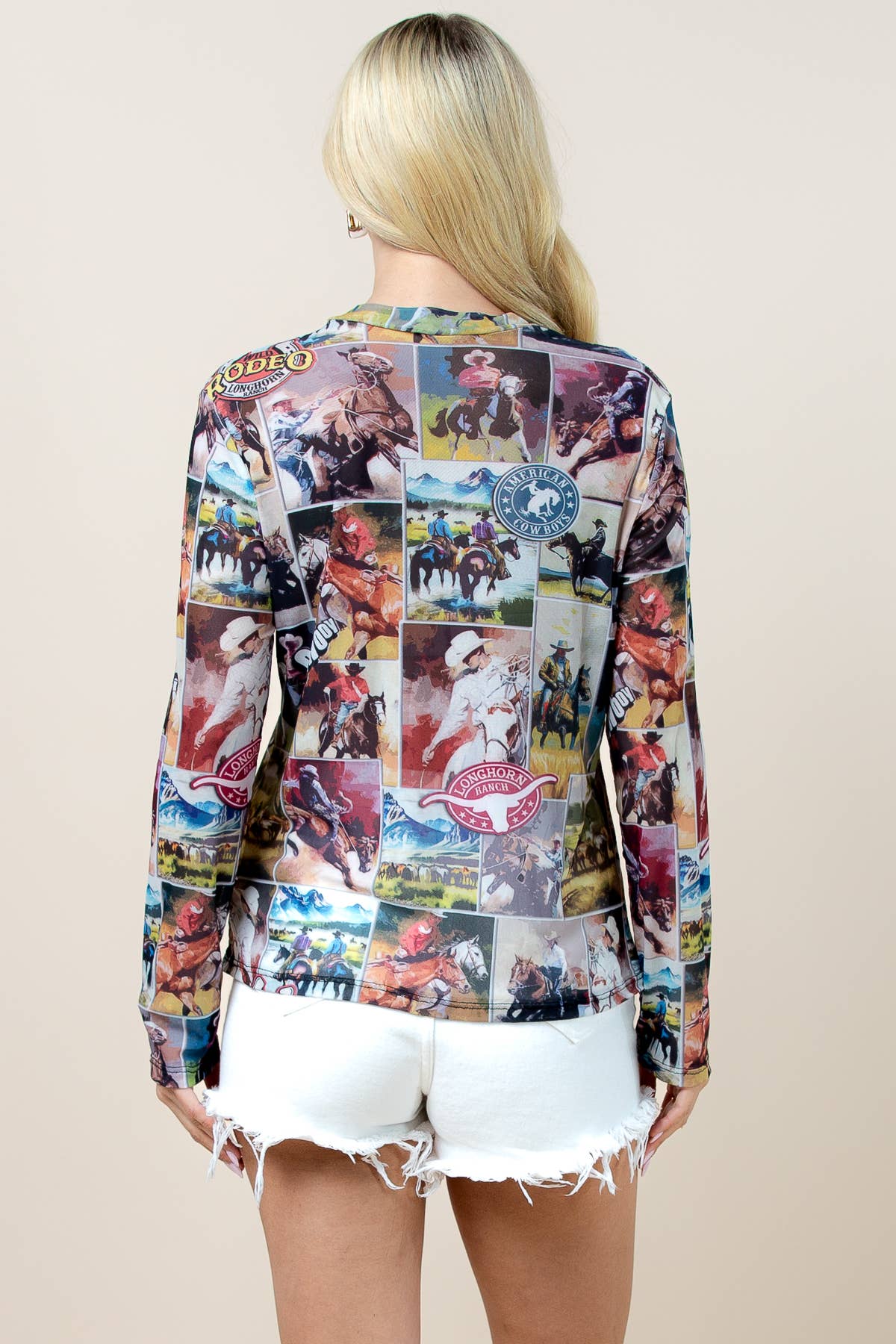 T1502-5831-Rodeo Print Mock Neck Mesh Top