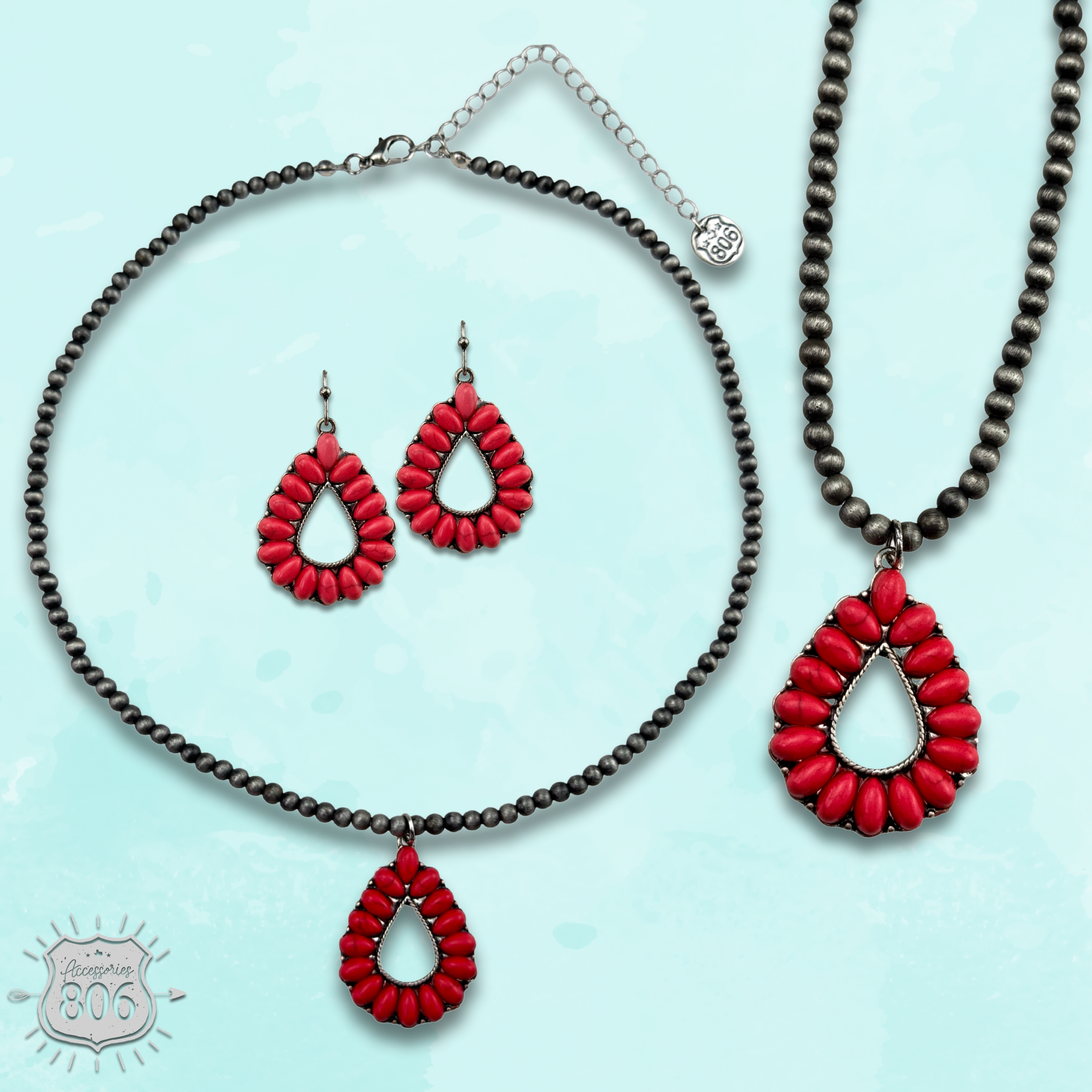 Open stone teardrop necklace set