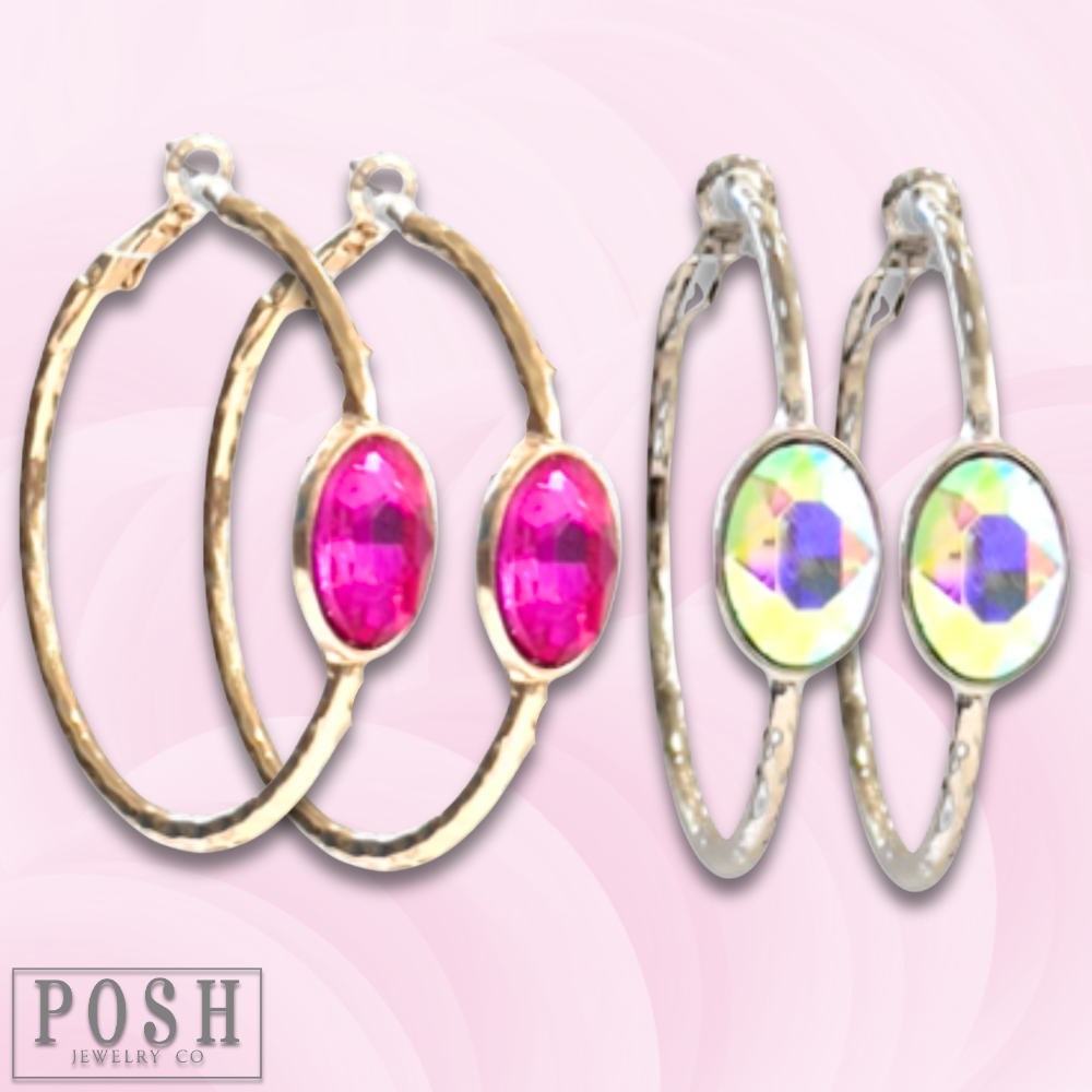 Rhinestone oval hammered hoop earring (CLEAR)