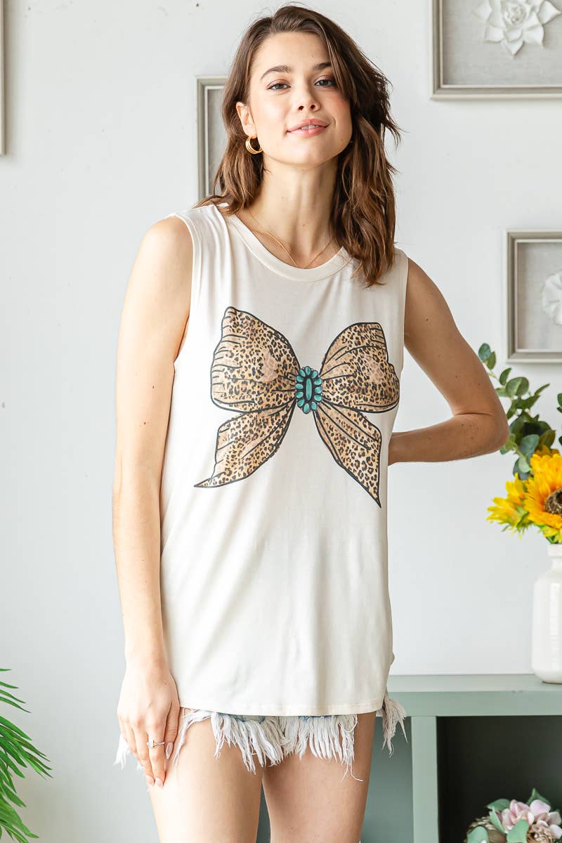 CLAIRE CHEETA BOW SLEEVELESS TOP