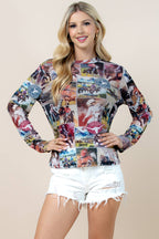 T1502-5831-Rodeo Print Mock Neck Mesh Top