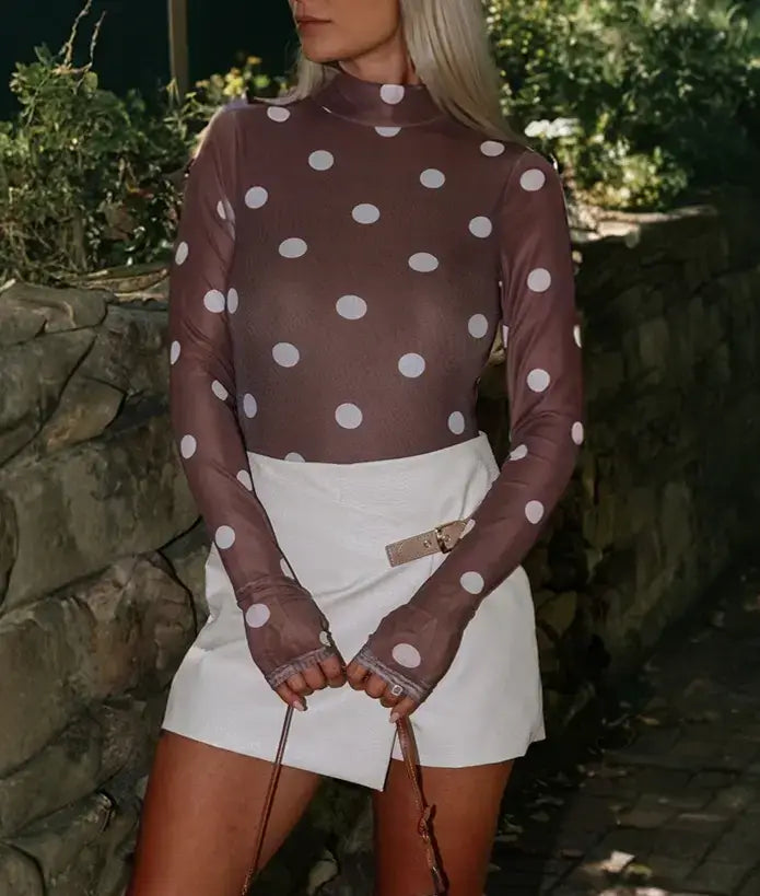 Vintage Polka Dot Print Mesh Long Sleeve Bodysuit