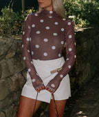 Vintage Polka Dot Print Mesh Long Sleeve Bodysuit