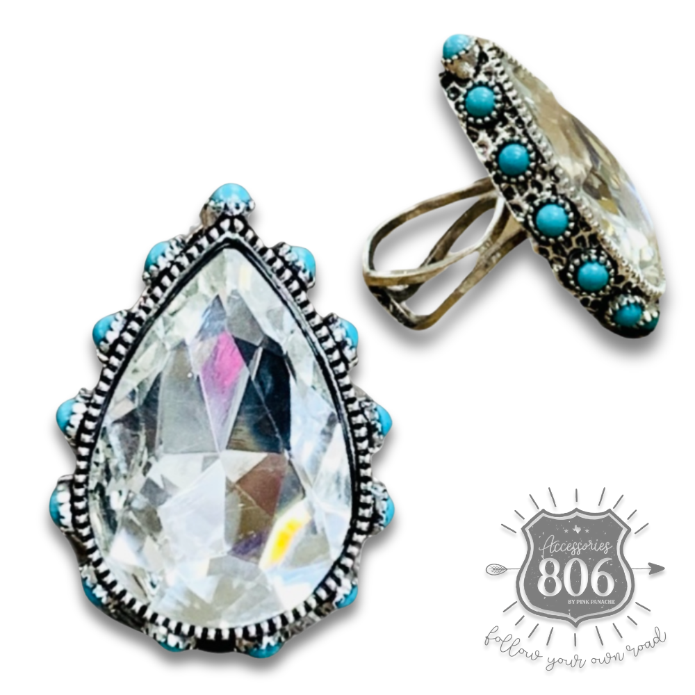 Rhinestone, bead studded teardrop ring