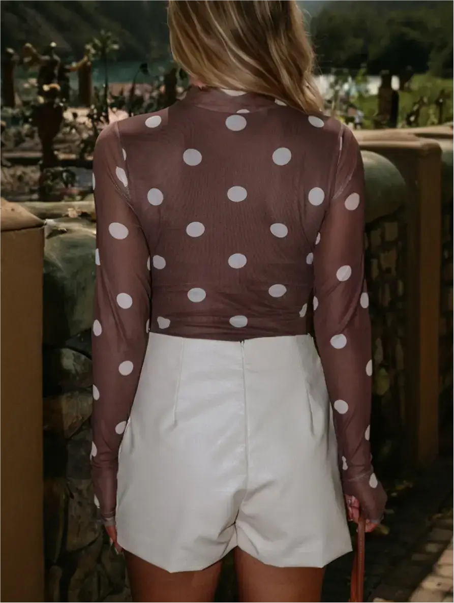 Vintage Polka Dot Print Mesh Long Sleeve Bodysuit