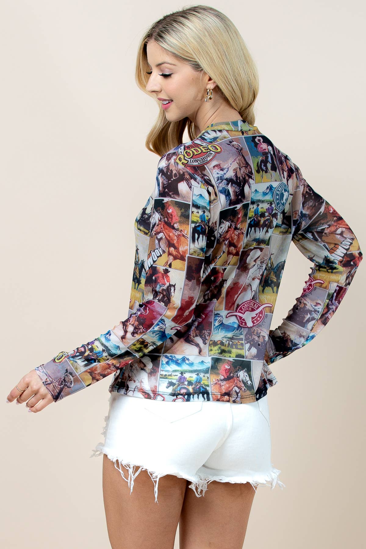 T1502-5831-Rodeo Print Mock Neck Mesh Top