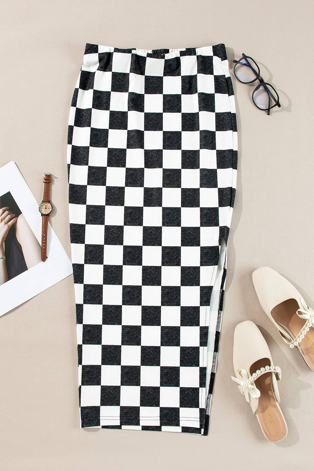 Checkered Print Side Slit High Waist Midi Skirt