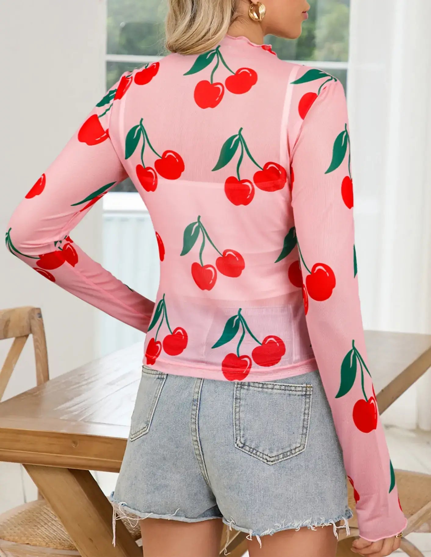Cherry Print Lettuce Trim Long Sleeve Mesh Top
