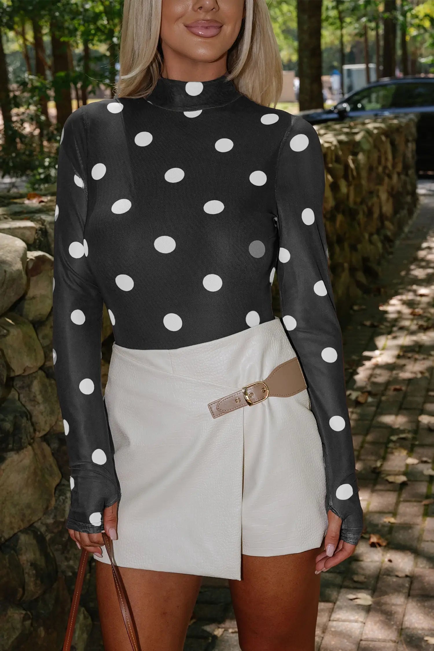 Vintage Polka Dot Print Mesh Long Sleeve Bodysuit