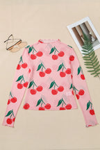 Cherry Print Lettuce Trim Long Sleeve Mesh Top