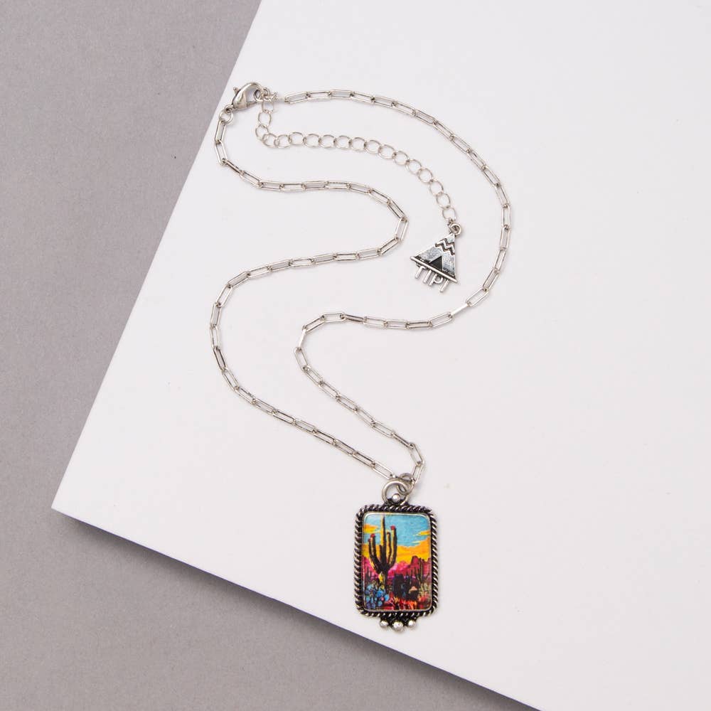 Western Theme Print Rectangle Necklace