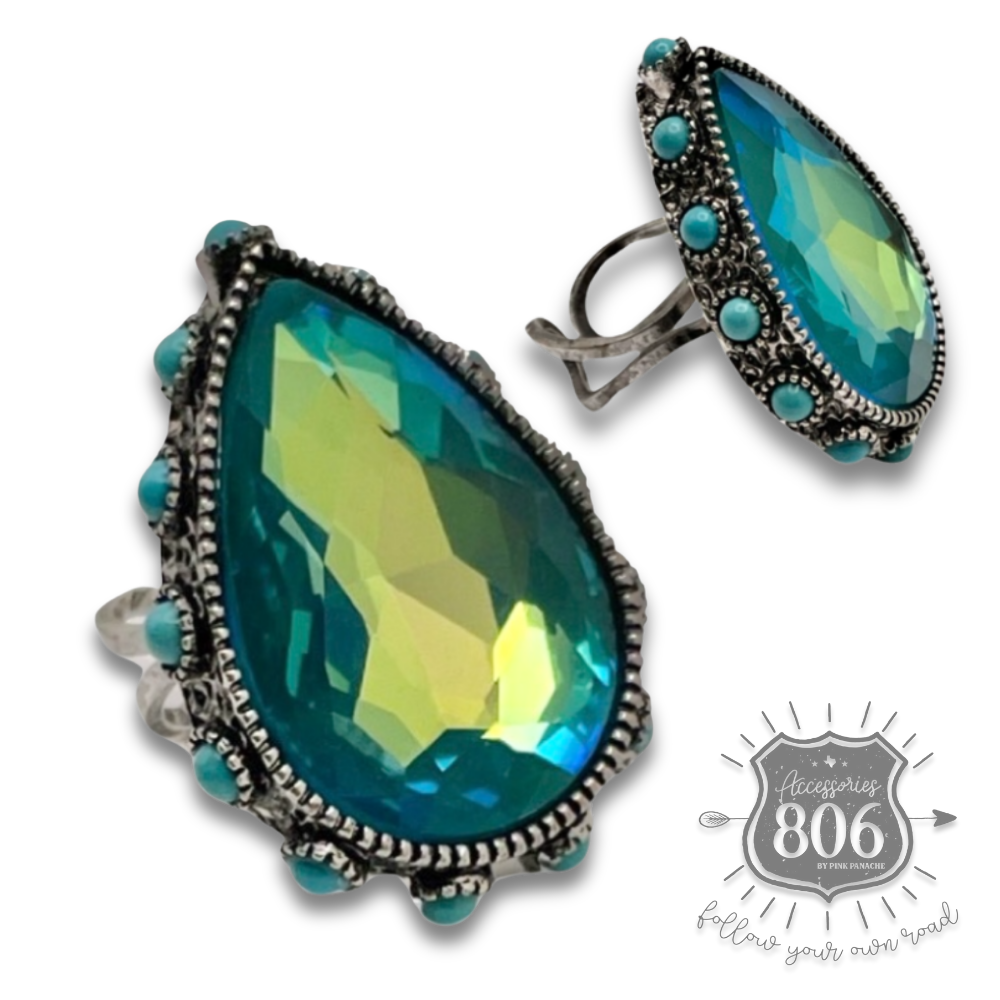 Rhinestone, bead studded teardrop ring
