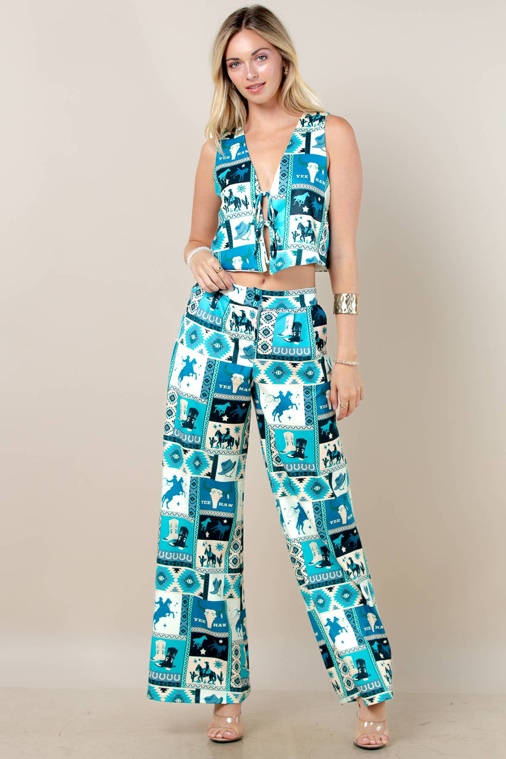 Blue-Viviana Western Patch Collage Print Slack