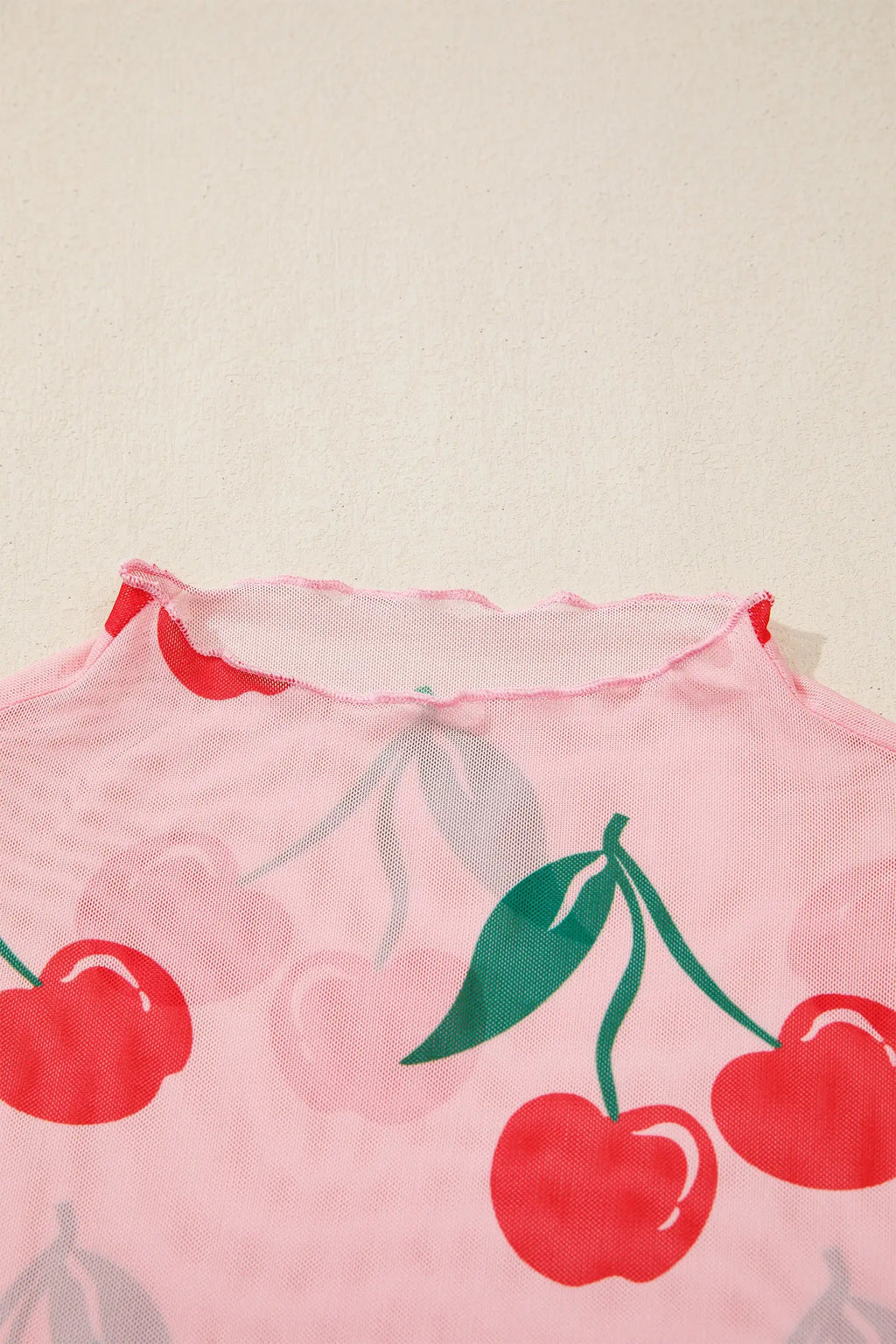 Cherry Print Lettuce Trim Long Sleeve Mesh Top