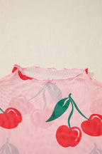 Cherry Print Lettuce Trim Long Sleeve Mesh Top