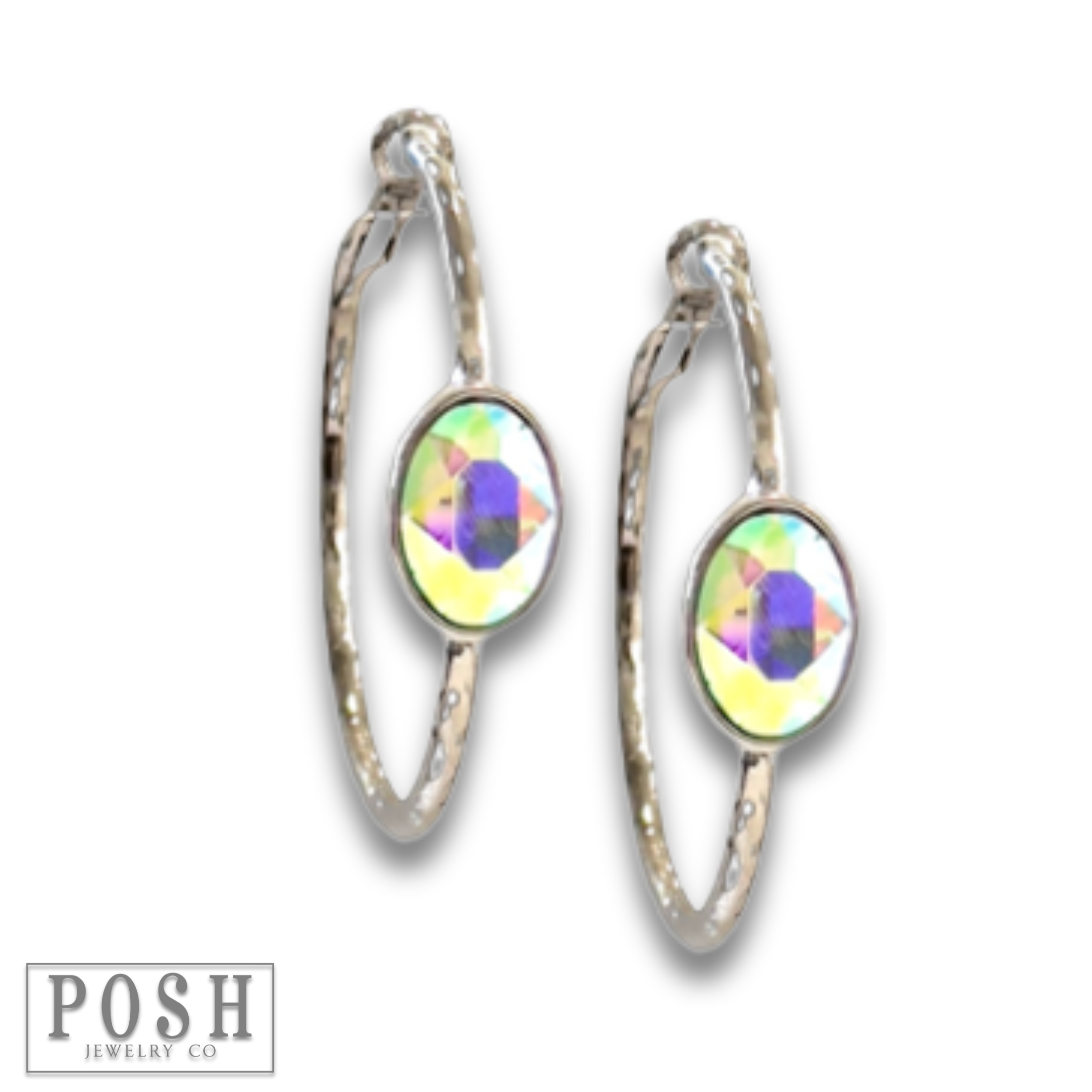 Rhinestone oval hammered hoop earring (CLEAR)