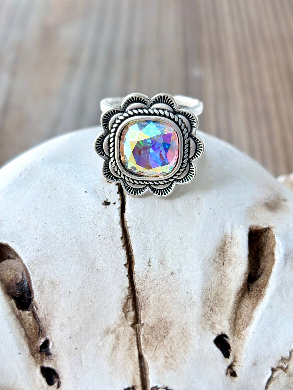 Western Style Rhinestone Flower Cuff Ring