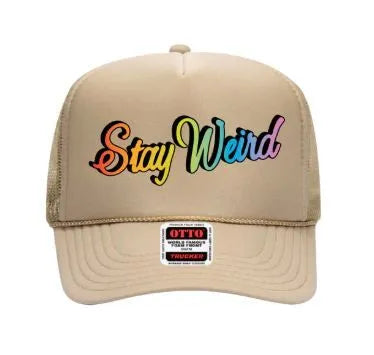 EMY AVE 2000s Stay Weird Trucker Hat (Tan)